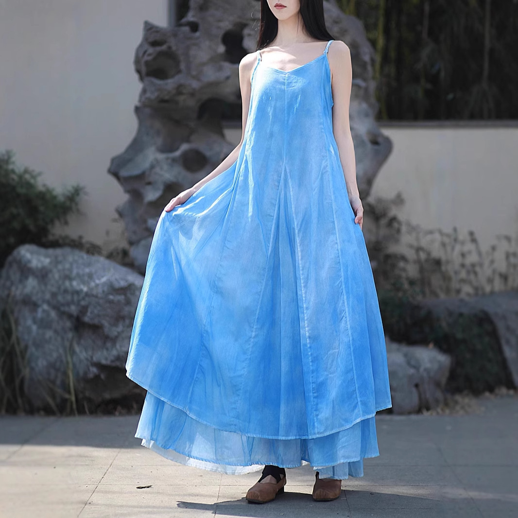 2025 25 DIY Plant-Dyed Spray-Dyed Strap Long Dress Irregular Large Hem Artistic Cool Blue