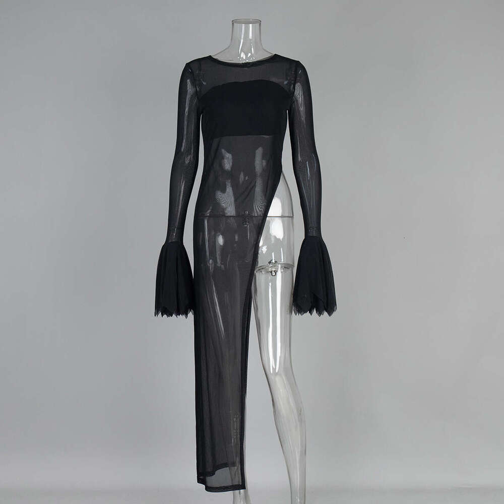 Irregular Summer New Bell Sleeve Long Black Mesh Dress B5