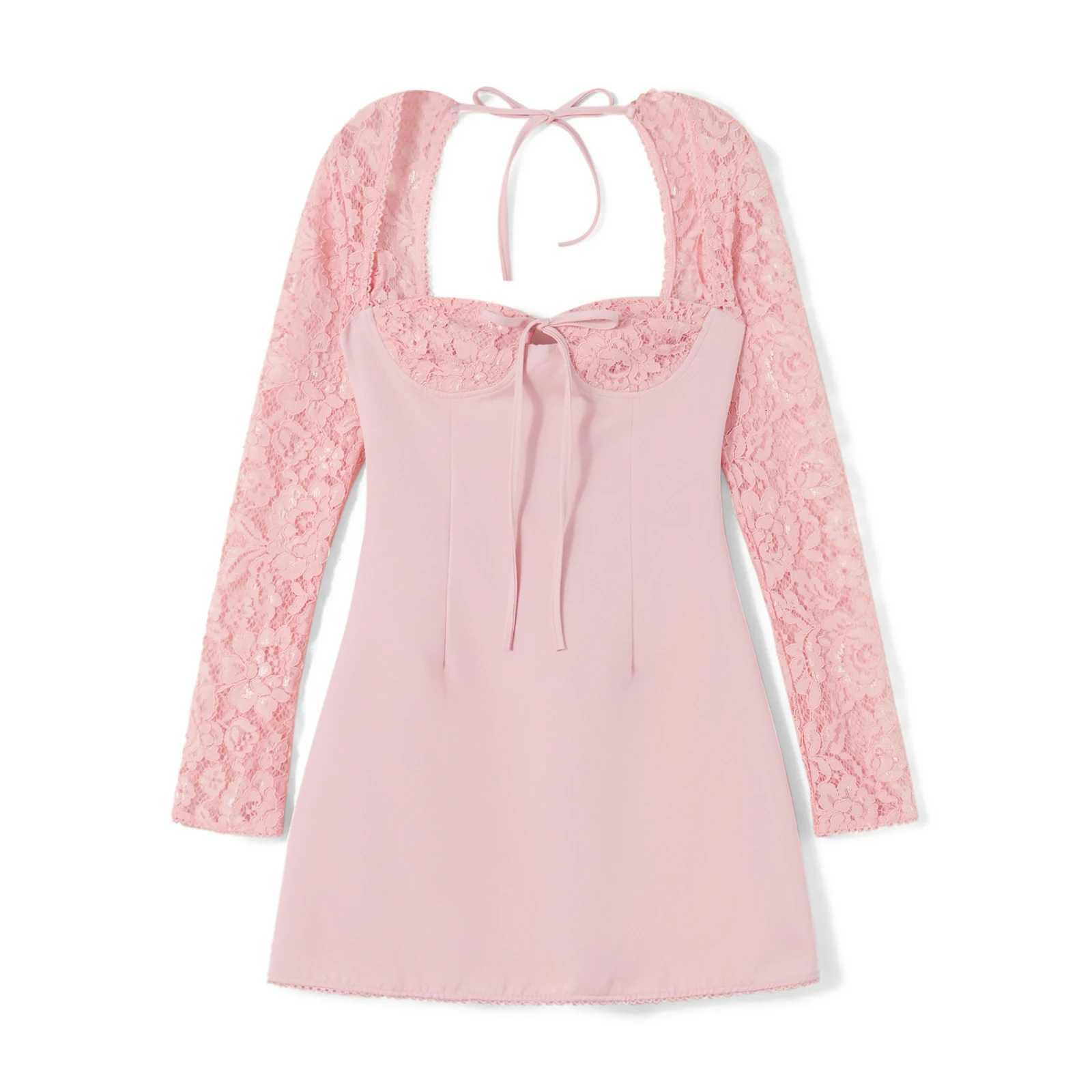 hirigin Womens Elegant Lace Patchwork Long Sleeve Mini Dress Y2k Square Neck High Waist Backless Tie Up Slim Fit A-line Dress R250716