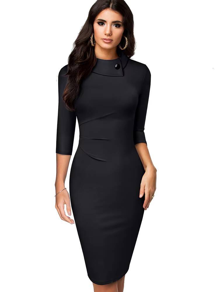 Nice-forever Vintage Elegant Pure Color with Button Office Work vestidos Business Formal Bodycon Women Pencil Dress B574 dongdumaoyi