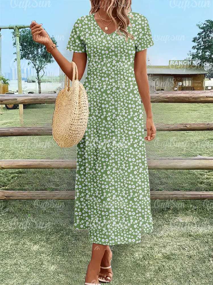 2024 New Womens Dresses Floral Print Summer Elegant Midi Dresses Vacation Female Short Sleeve Dress Fashion Oversized Clothes R250716