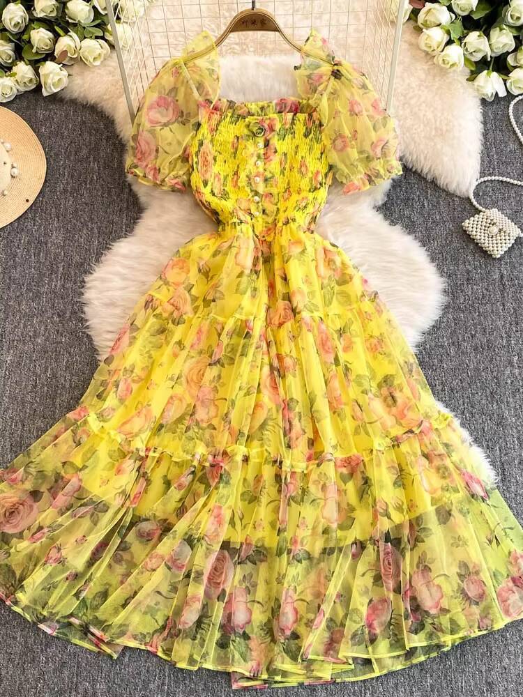 Summer Women Floral Mesh Midi Dress Sweet Square Collar Short Puff Sleeve Ruffle Vestidos Female Elegant Purple/Green/Red Robe dongdumaoyi