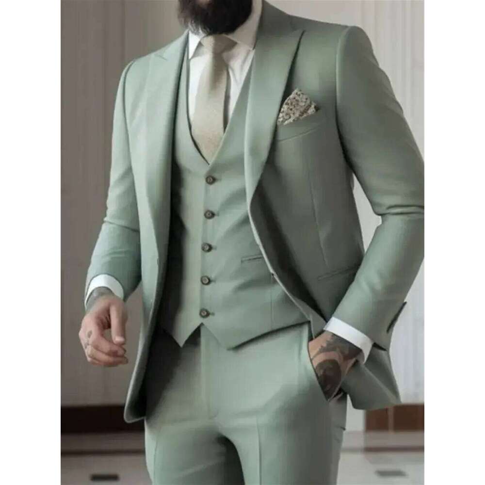3 Piece Sage Green Men's Slim Fit Suits (Jacket+Vest+Pant) Wedding Groom Tuxedos Prom Formal Male Party Blazers Tre Hombre