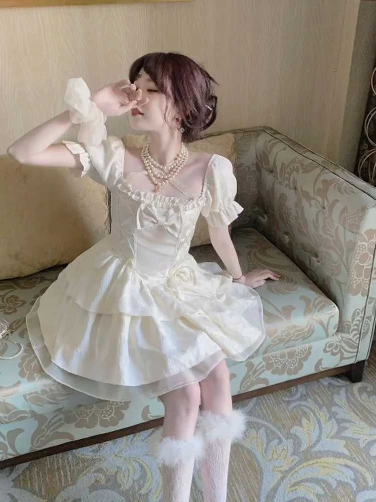 Summer New French Sweet Fairy One Piece Dress College Style Square Neck Bow A-Line Short Dress Women Elegant Party Clothes R250716