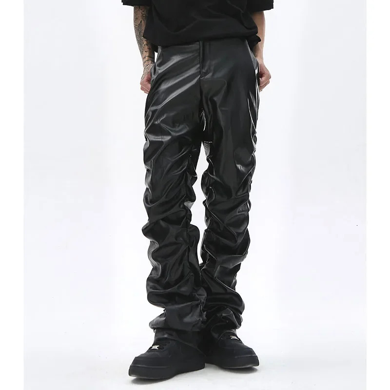 Hip Hop Mens Pleated Pu Leather Pants Harajuku Retro Streetwear Loose Ruched Casual Trousers Straight Solid Color Black y250704