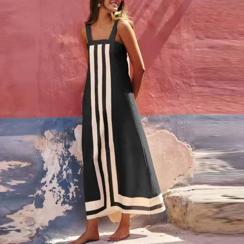 Summer Square Collar Sling Chic Match Patchwork Striped Mini Dresses 2025 Fashion Contrast Color Backless Beach Dress Women New dongdumaoyi