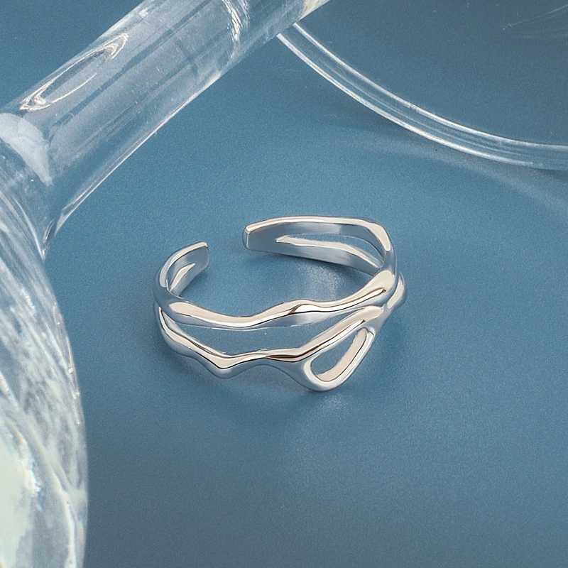 LIVVY Silver Color Irregular Hollow Double Line Geometric Ring Female Simple Unique Design Fashion Adjustable Jewelry S250716