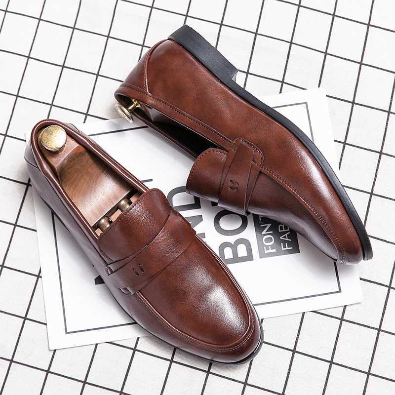 Slip on New Mens Loafers Comfortable Daily Gentleman Style Work and Office Flat Bottomed Leather Shoes Brown Lightweight W250716
