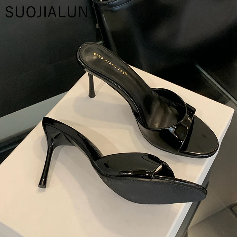 SUOJIALUN Summer Women Slipper Fashion Open Toe Slip On Slides Ladies Elegant Thin High Heel Dress Pumps Slides 250712