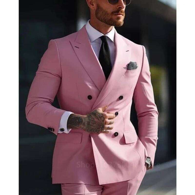 Solid 2 Pieces Men Set Fashion New Men's Formal Business/Wedding Groom Suits Peak Lapel Double Breasted Blazer Trousers
