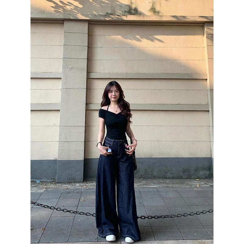 Summer New Women S T Shirt Pure Desire Off Shoulder Halter Neck Short Sleeve For Hot Girl Waist Cinching Unique Slim Fit Top Designer