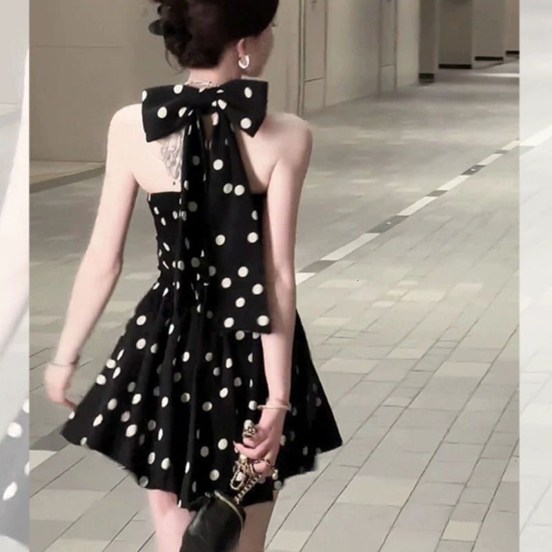 2025 French Style Bow V-neck Polka Dot Sleeveless Dress for Women Summer New Waist Slimming A-line Short