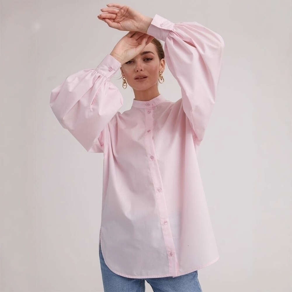 Lantern Sleeve Solid Color Spring Summer Elegant Sister Commuter Versatile Loose Round Neck Shirt B5