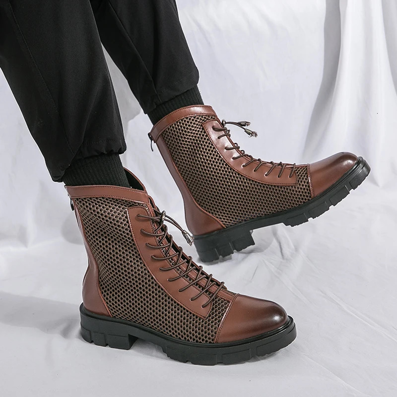 Summer Mens leather boots Thick Sole Mesh Hollow Out Outdoor Fashionable Breathable Motorcycle High Bond Leather Shoes 250715