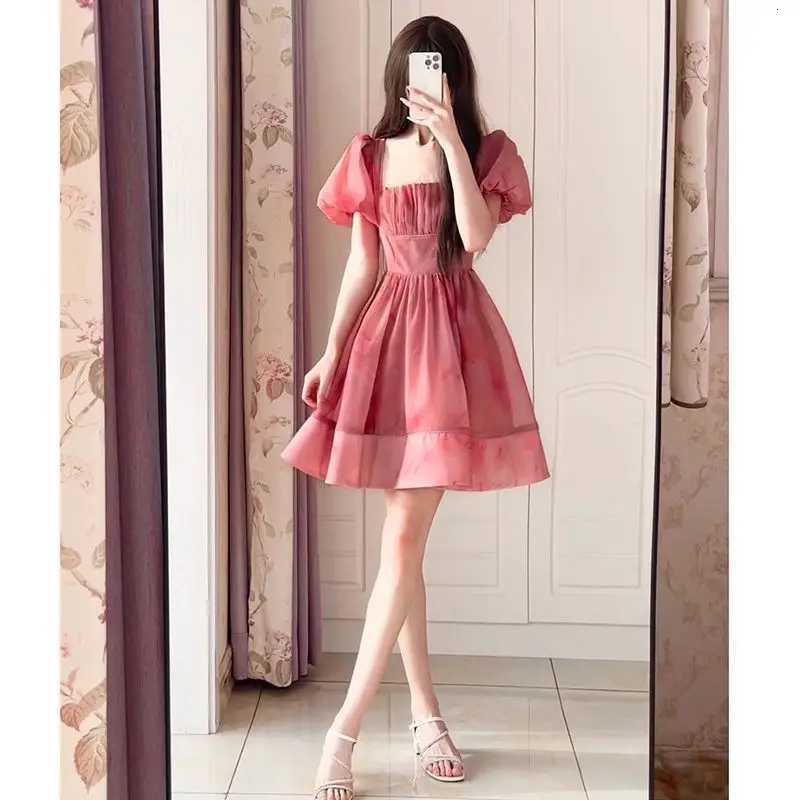 Square Neck Puff Sleeve Waist Dress for Womens Summer New Style Petite Slimming Tea Party Princess Short Dress R250716