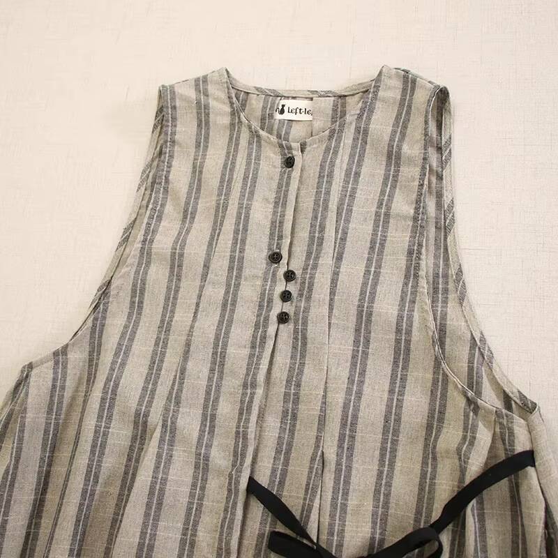 Japanese Mori Girl Asymmetry Vintage Striped Belt Tank Dress Women Summer O-Neck Sleeveless Csual Loose Cotton Midi Dresses dongdumaoyi