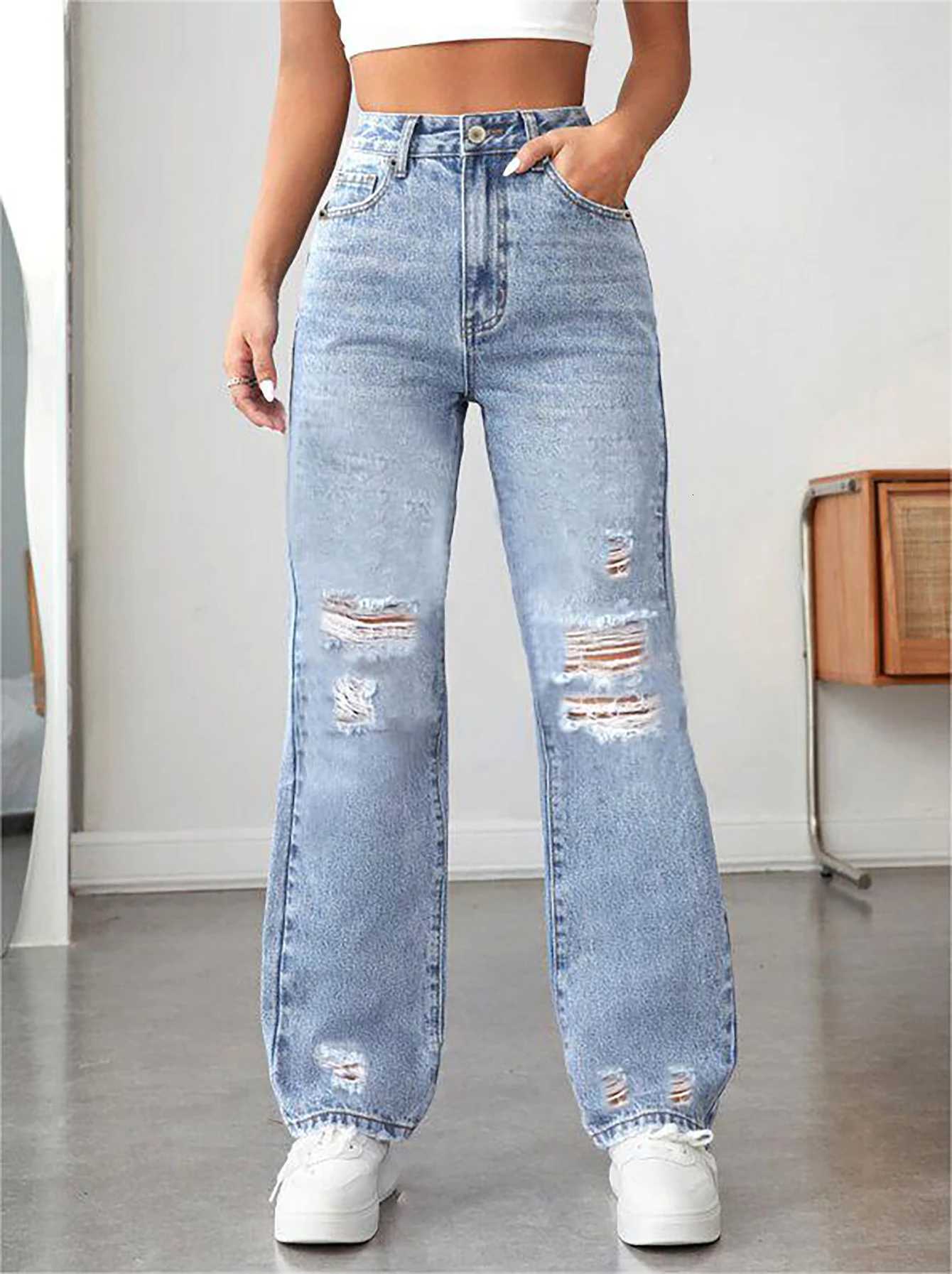 Womens wide-leg pants ripped Denim pants loose comfortable all-match R250716