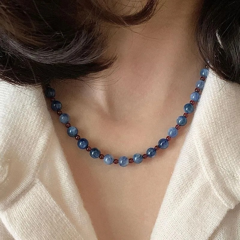 New Chinese Style S925 Sterling Silver Natural Blue Kyanite Beaded Necklace, Garnet Crystal Clavicle Chain, Oriental - style Jewelry