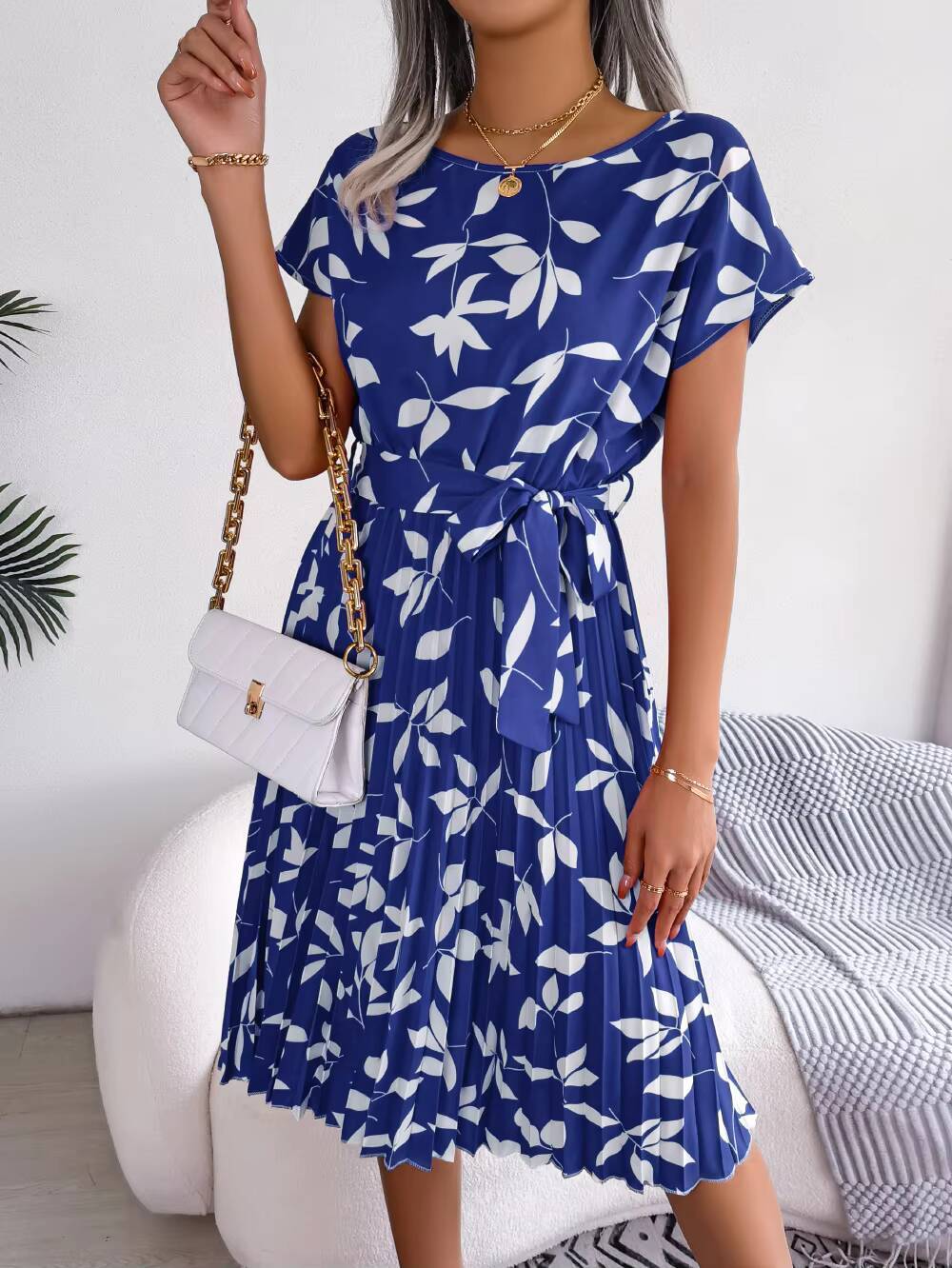 Casual O-neck Short Sleeve Dress Office Lady Spring Summer Fashion Elegant Floral Print Lace Up Pleated Dresses For Women 2023 dongdumaoyi