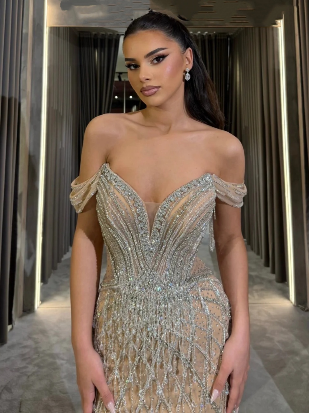 Exquisite Beading Mermaid Evening Dress Off Shoulder Sleeveless Beaded Prom Gowns Sexy Floor Length Formal Dresses Customized