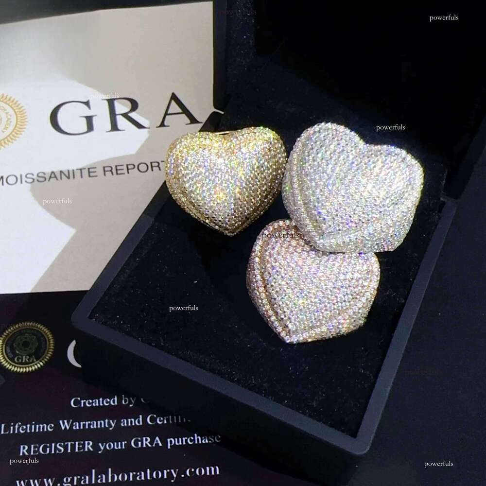 Iced Out Moissanite Engagement Hip Hop Fashion Sier Jewelry Heart Shape Dia Wedding Rings for Men Women