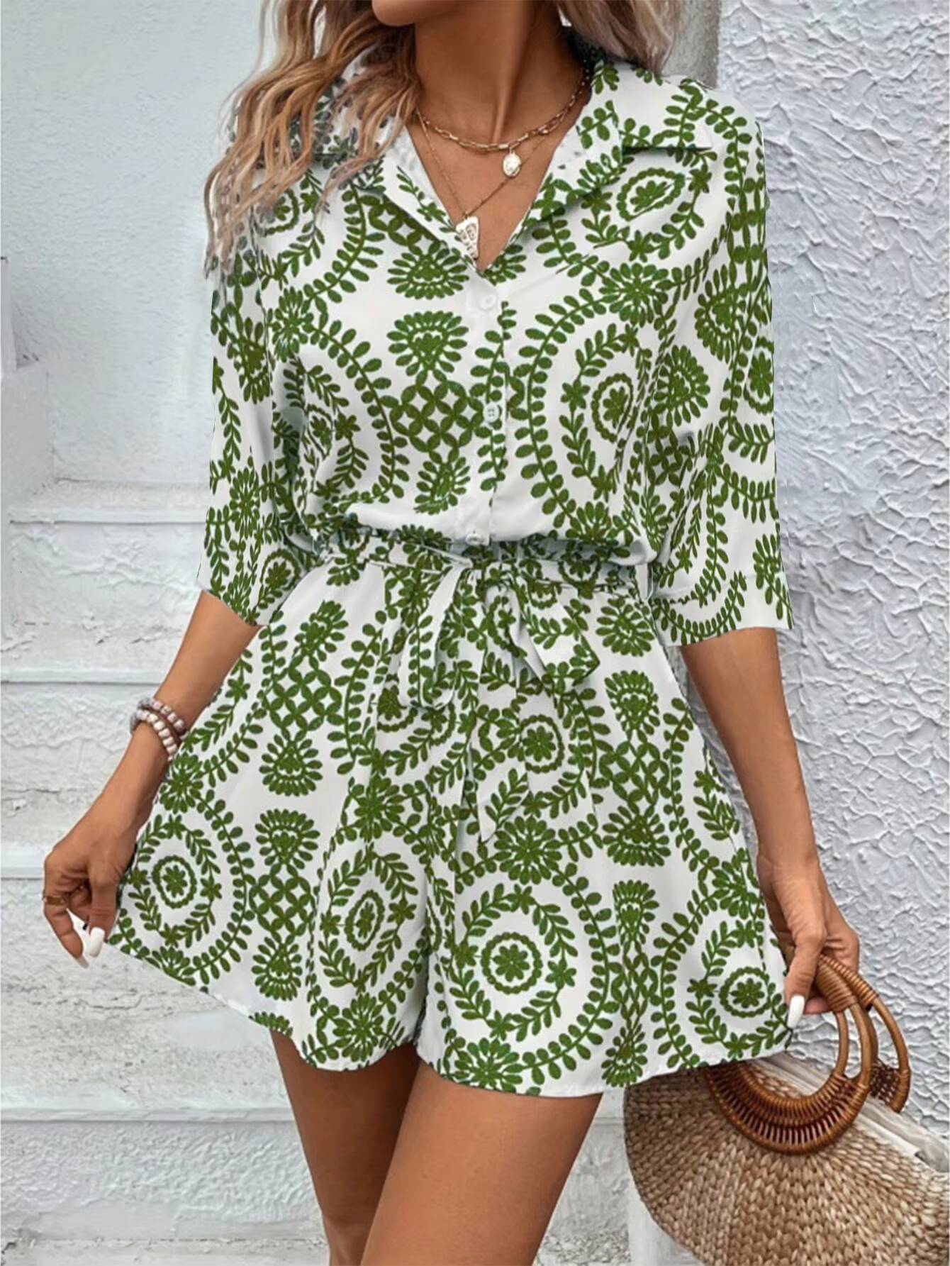 V-neck Button Lace Up Short Sleeved Floral Print Womens Street Fashion Elegant Fresh Style Summer Dress dongdumaoyi