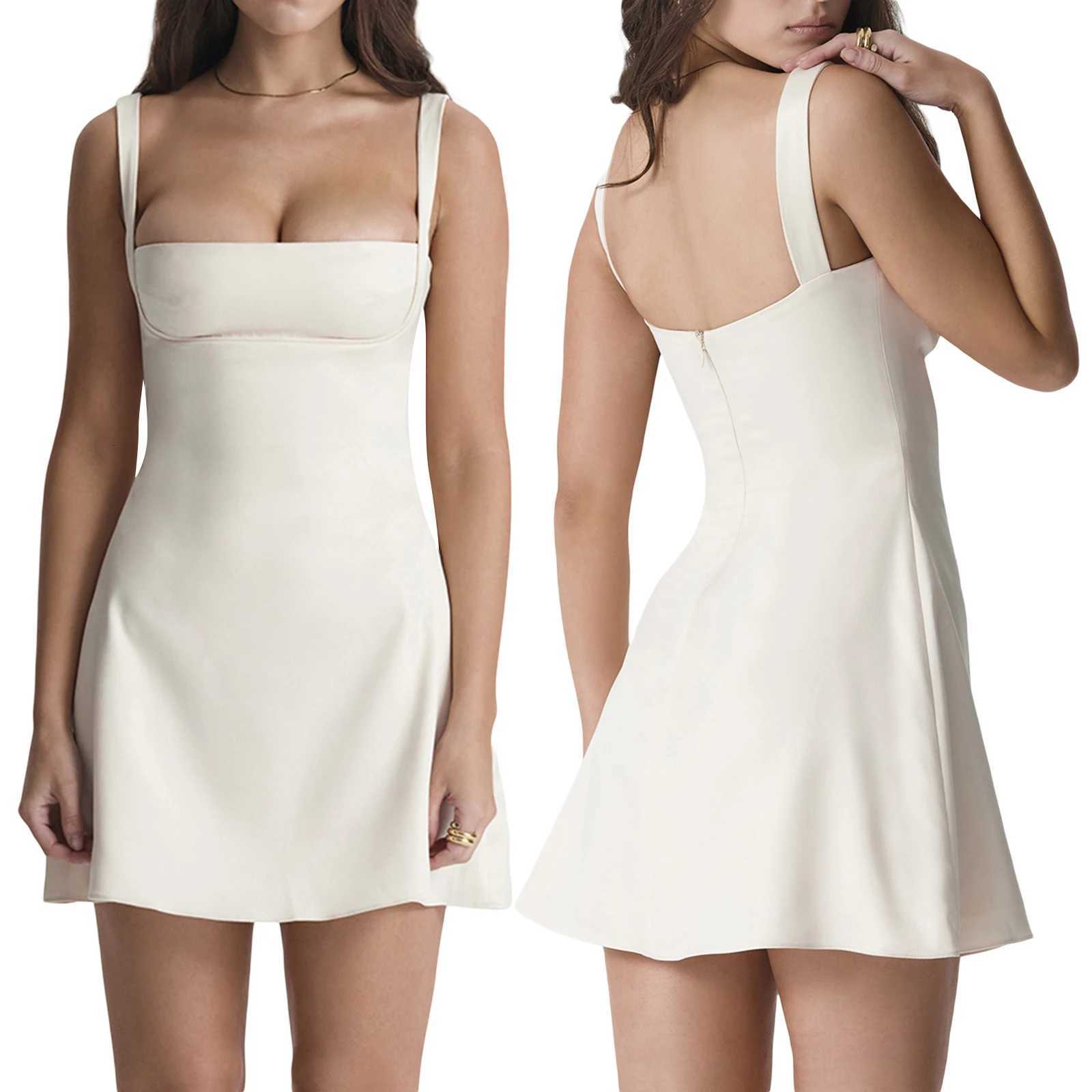 Combhasaki Womens Summer Sexy Solid Color Low-Cut Sleeveless Square Neck High Waist A-Line Short Mini Party Tank Dress R250716