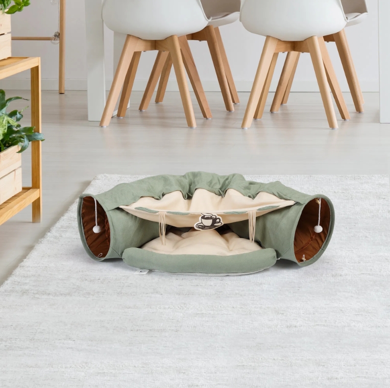 Cat's Telescopic Tunnel Cushioned Bed Pet Nest Teasing Balls Zipper Connection Feline Supplies Bright Green
