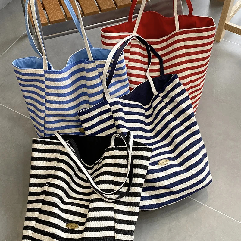 Casual Large Capacity Womens Canvas Shoulder Bags Striped Female Shopping Bag Summer Seaside Handbags Beach Tote 250714