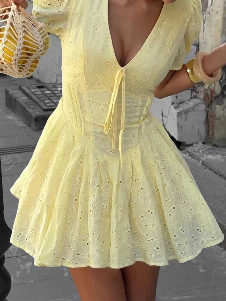 Trendix Yellow Elegant Dress Women Summer Sexy Deep V Neck Lace Up Short Sleeve Dresses Street Casual Vacation Ruffle Mini Dress R250716