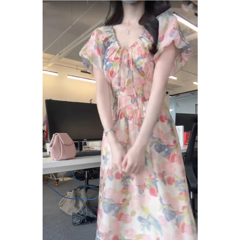 2025 Tea Break French Puff Sleeve Floral Dress for Women Summer 2024 New Gentle Style Super Beautiful Waist-Cinching Elegant Long
