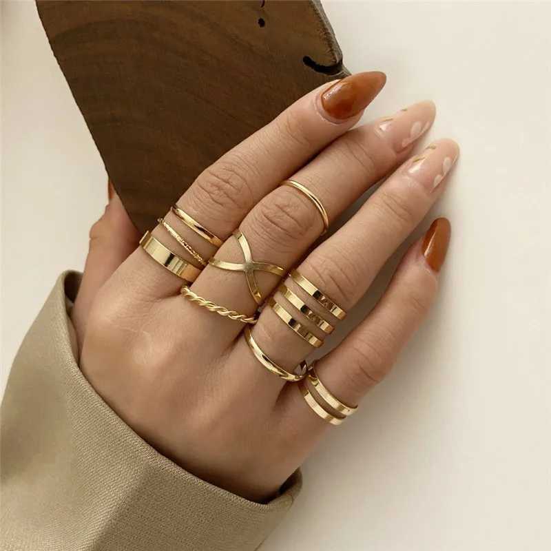 Modyle 10 pcs/set Bohemian Ring Set Gold Silver Color Wide Rings For Women Girls Simple Chain Finger Tail Rings S250716