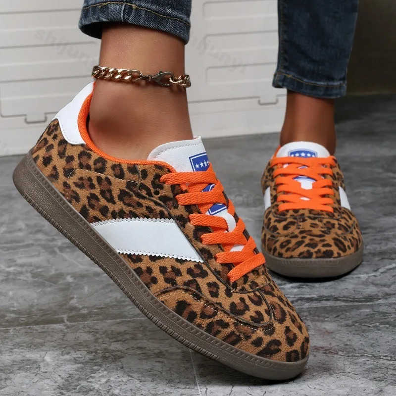 Leopard Print Women Casual Sneakers Outdoor Classic Retro Trainers Walking Sneakers Fashion Lace Up Non-Slip Casual Running Shoe M250805