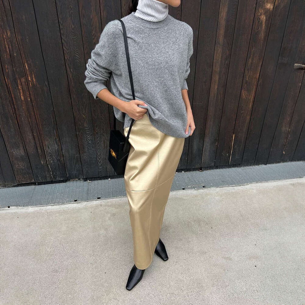 PU Spring Split Stitching Metallic Glossy Leather Bodycon Skirt For Women B5