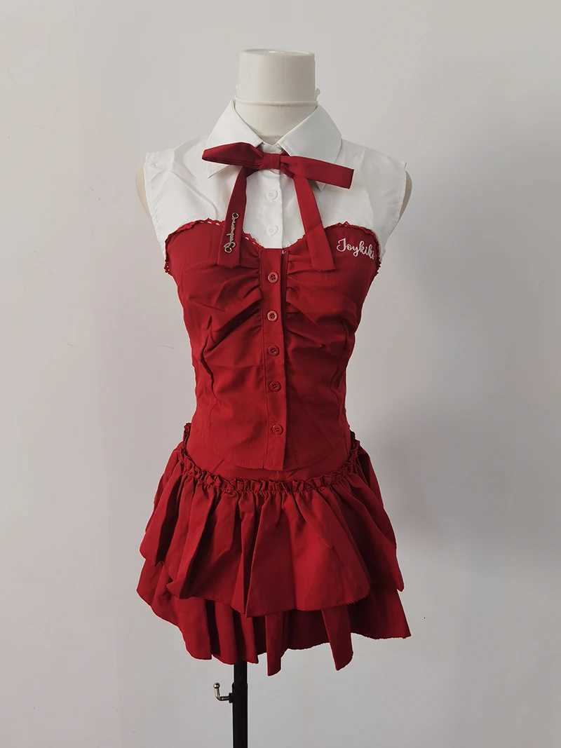 Sweet Hot Girl Pure Sexy Suit Womens Summer Sleeveless Slim Shirt High Waist A-line Skirt Two-piece Set Fashion Female Clothes R250716