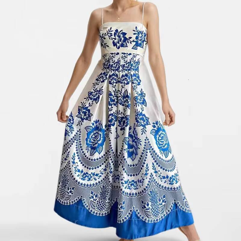 Elegant High Floral Print Casual Fashion Spring Summer Womens Dress Sleeveless One Shoulder Ankle Length Empire Waist dongdumaoyi