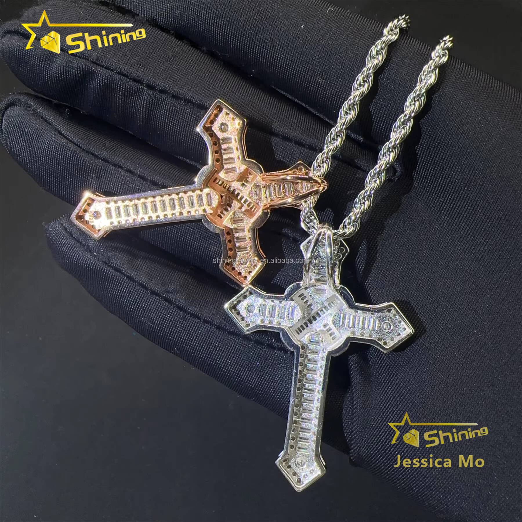New Arrivals Bulk Stock Hip Hop Stylish Rapper Jewelry VVS1 Moissanite Baguette Diamond S925 Silver Iced Out Man Cross Pendant