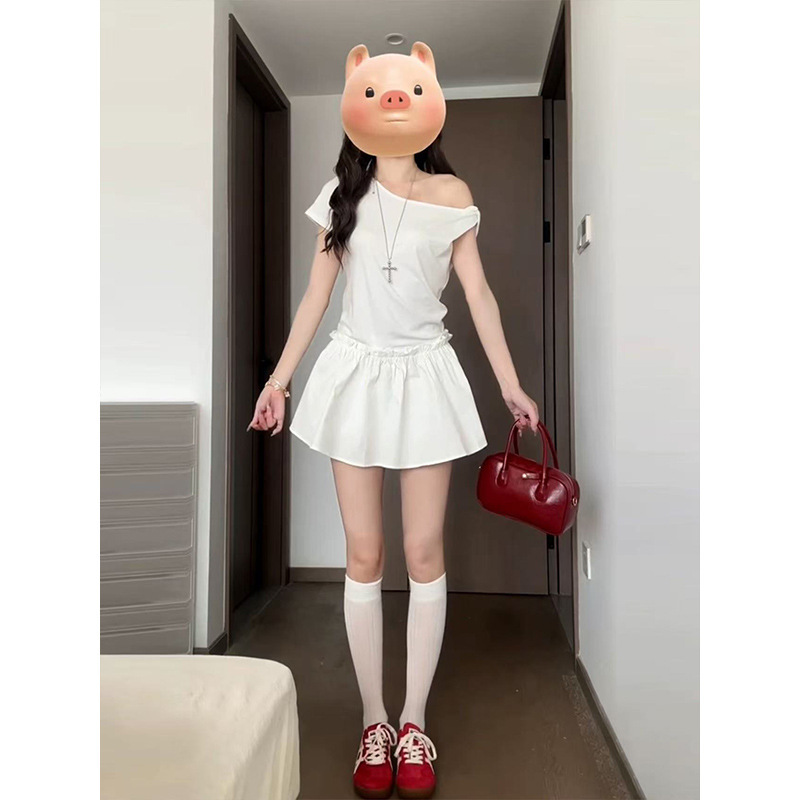 2025 French Style White Off-Shoulder Dress for Women, Summer New Design, Waist-Cinching Slimming Half Skirt, Patchwork A-Line Short