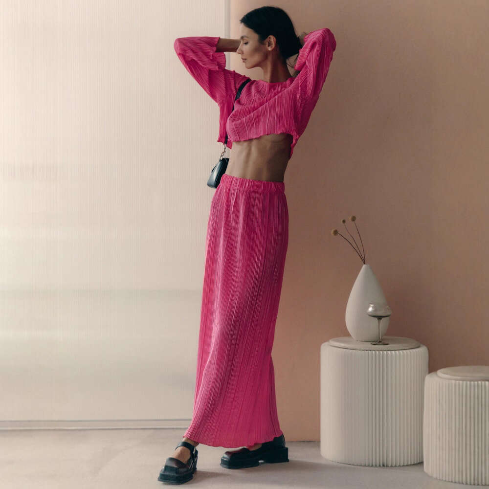 Pleated Spring Summer Bell Sleeve Short Top + Skirt Set For Women B5