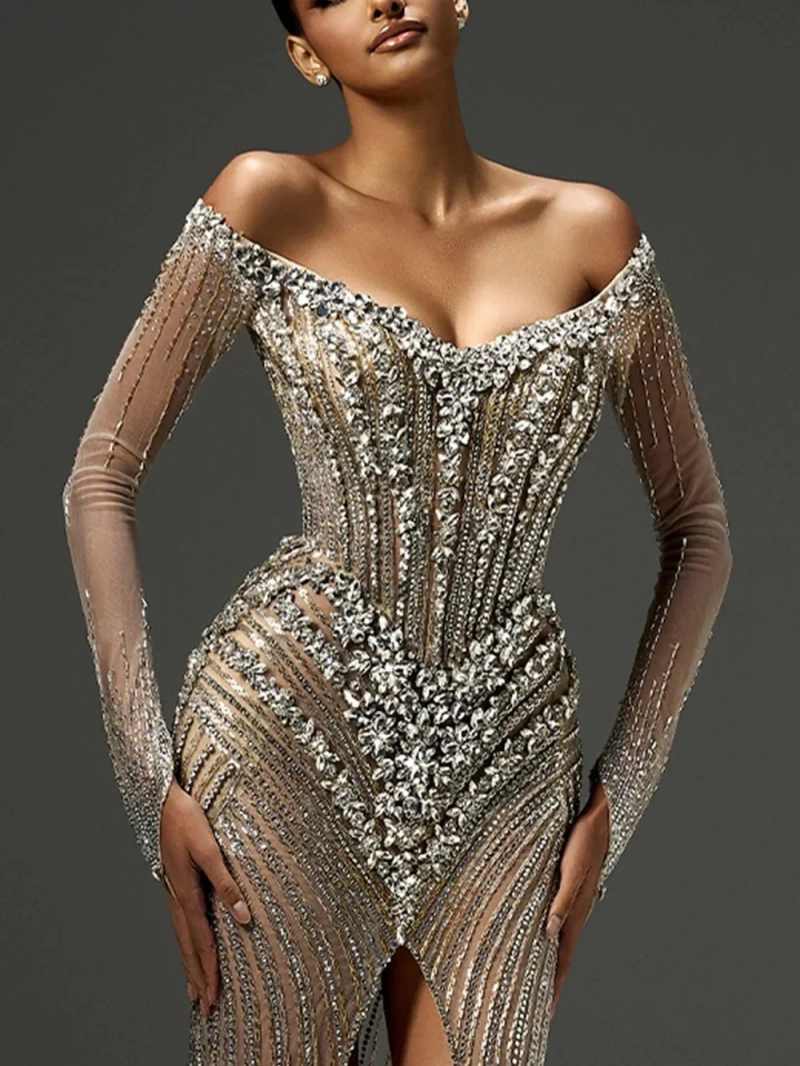 Sexy Illusion High Slit Prom Dresses Sparkly Beads Rhinestones Evening Dress Customized Off The Shoulder Cocktail Gown vestido de novia