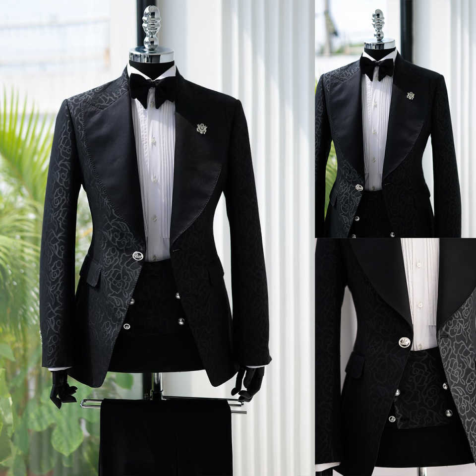 Luxury Beads Jacquard 2 Pieces Men Suits Floral One Button Peaked Lapel Tuxedo Slim Wedding Groom Prom Plus Size Costume Homme Bridegroom Tailor Made 