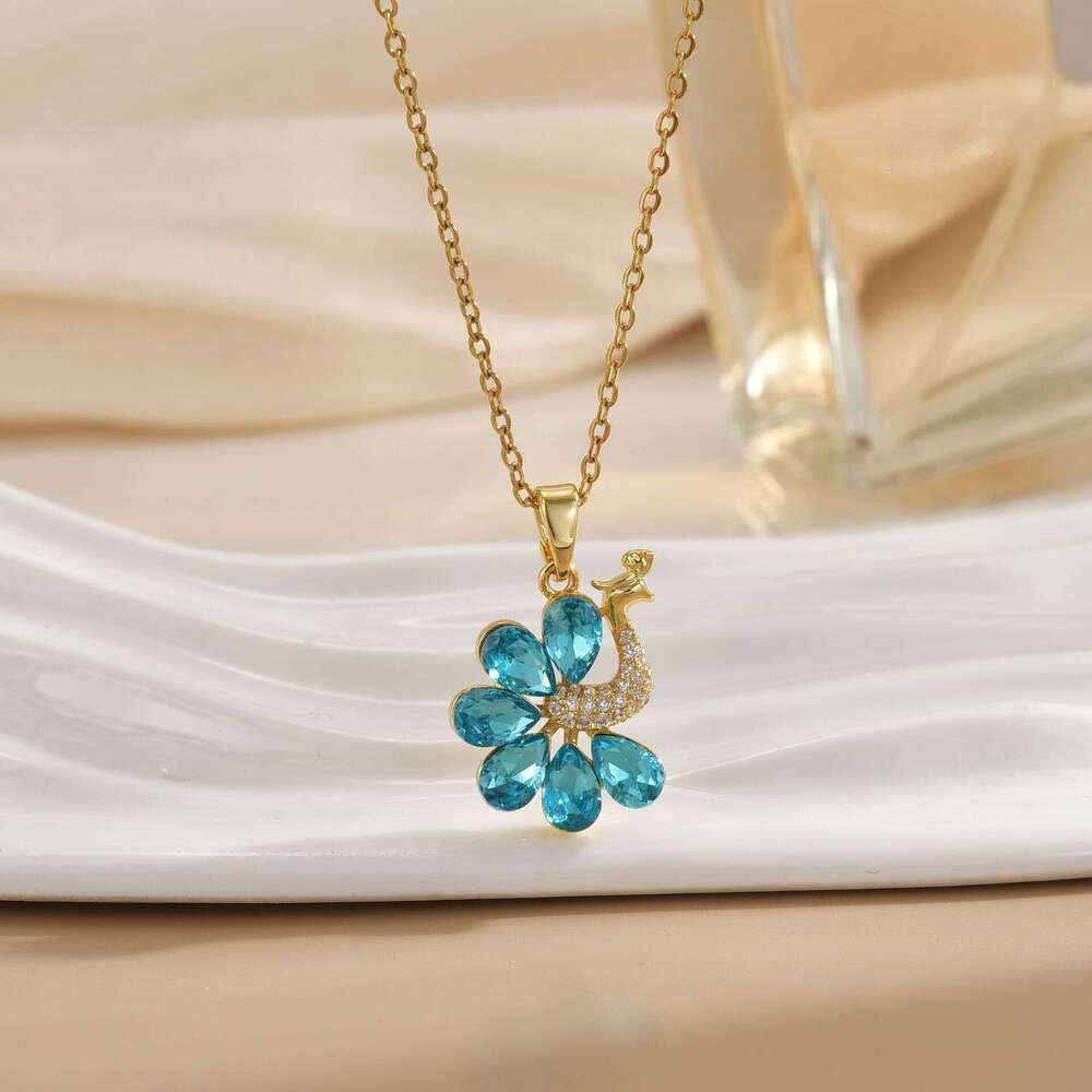 New Design Blue Crystal Pea Pendant Titanium Steel Necklace Female Copper Gold Plated Micro Inlaid Zirconia Jewelry 26A
