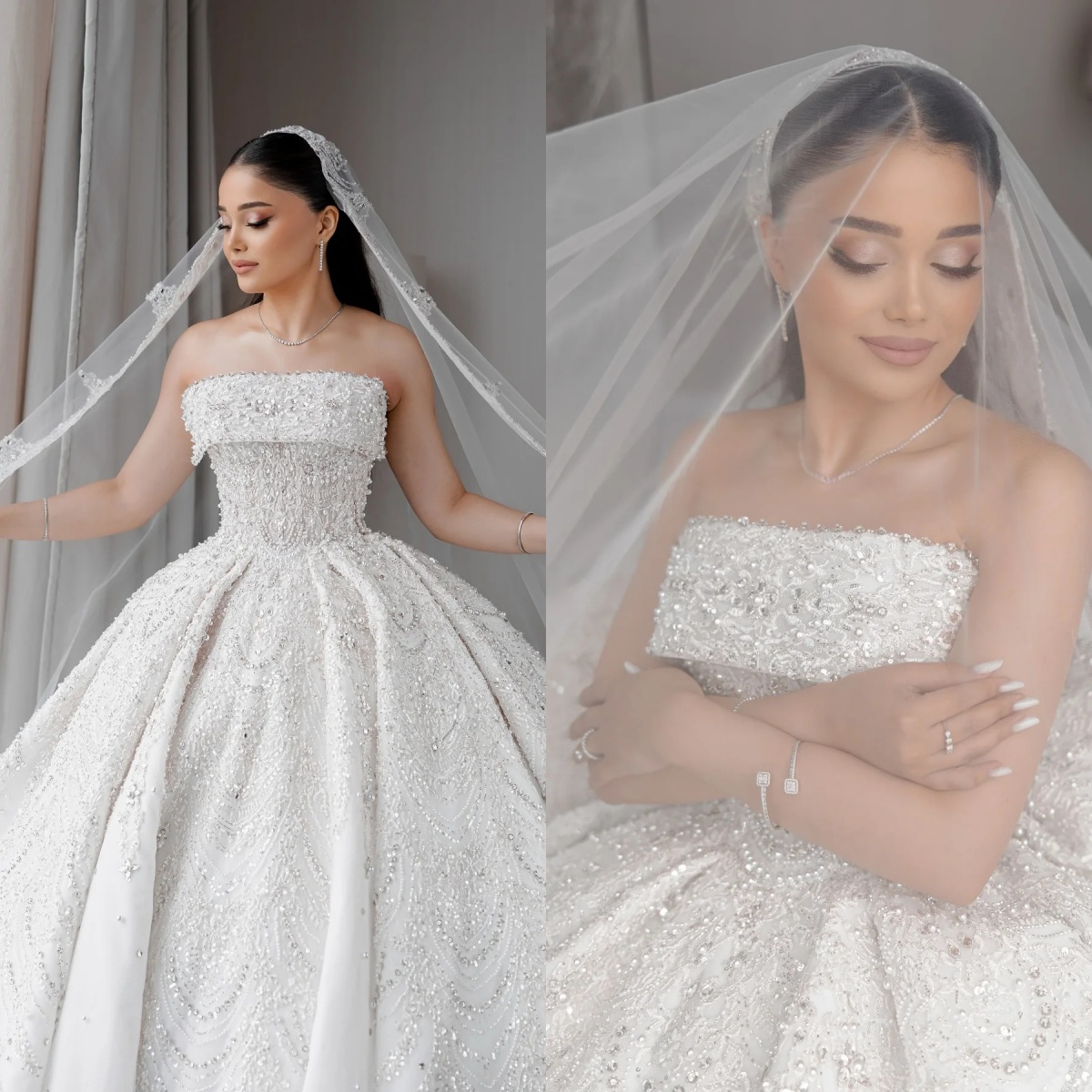 Gorgeous Beaded Pearls Ball Gown Wedding Dress Sequined Appliques Bridal Gowns Arabic Strapless Sleeveless vestido de novia