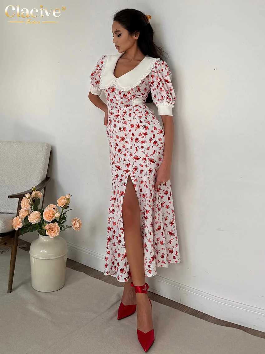 Clacive Fashion Slim Print Womens Dress Summer Lapel Short Sleeve Ankle Length Dresses Elegant High Waist Slit Female Dress R250716