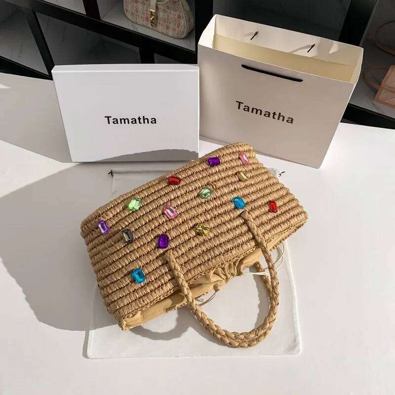 Summer Straw Woven Handmade Handbag Large Capacity Bucket Crystal Shiny Rhinestones Dia Tote Women Holiday Beach Bag