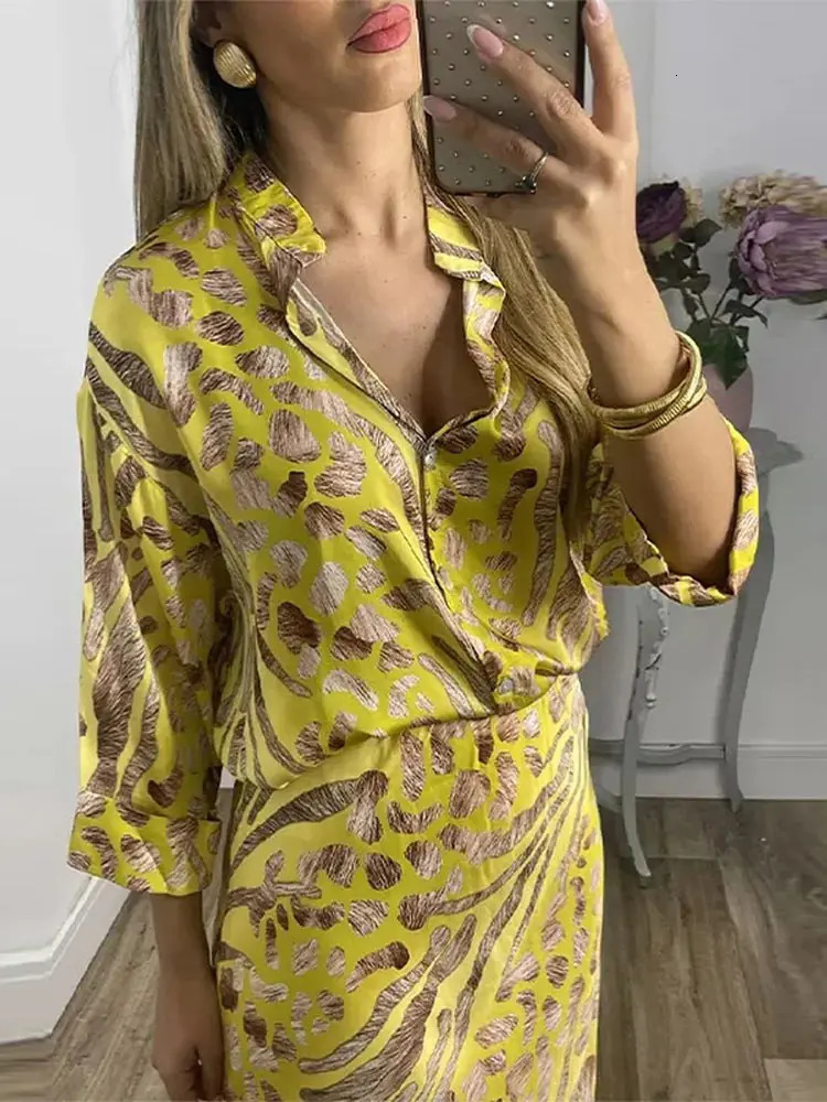 Party Dresses Printed Womens Skirt Set V-neck Three Quarter Sleeve Shirts High Waist Skirts Female 2 Pieces Evening Outfits 250715