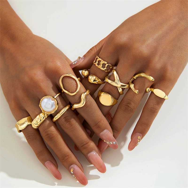 5Pcs/set Geometric Stainless Steel Imitation Pearl Rings for Women Luxury Gold Color Open Knuckle Ring Engagement Gift Jewelry S250716