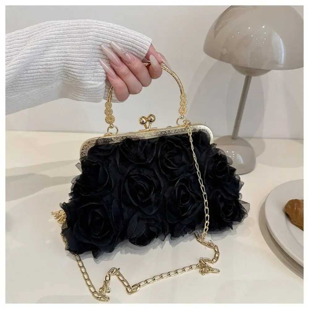 Luxury Fiber Evening Bags Chiffon 3D Flower Banquet Bag Chain Clutch Handbag Women