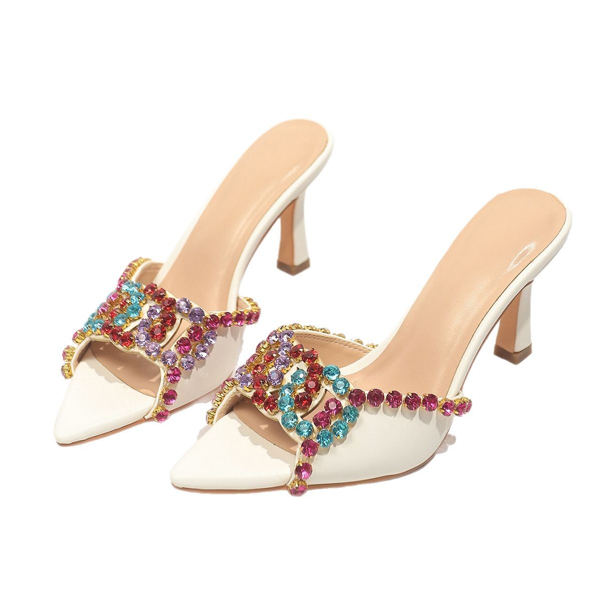 Elegant White Crystal Slide Heels - Pointed Toe Stiletto Dressy Slippers for Women
