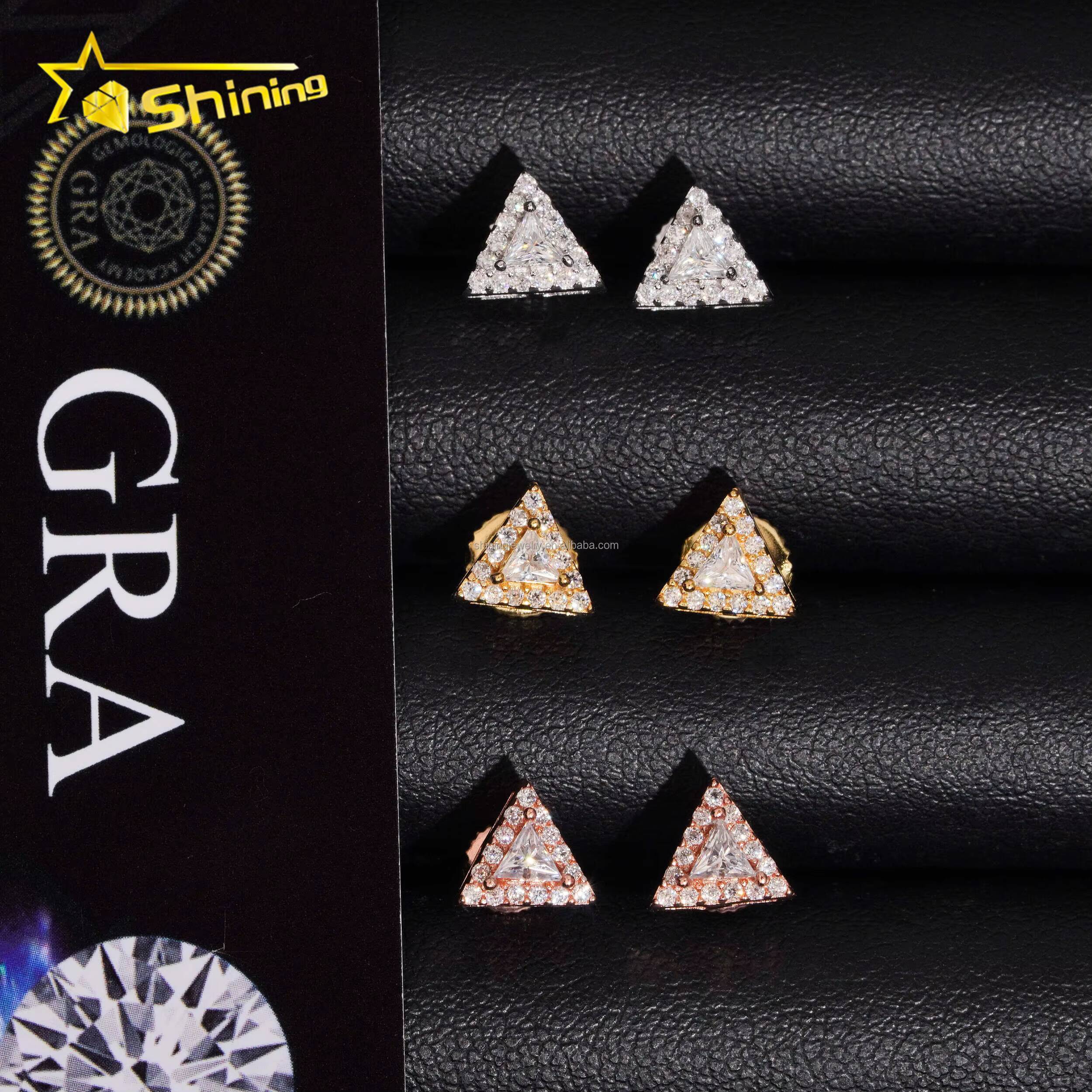 Drop Shipping Wholesale Price GRA Certificate Triangle Shape Style Man Hip Hop Iced Out 925 Silver VVS Moissanite Stud Earrings